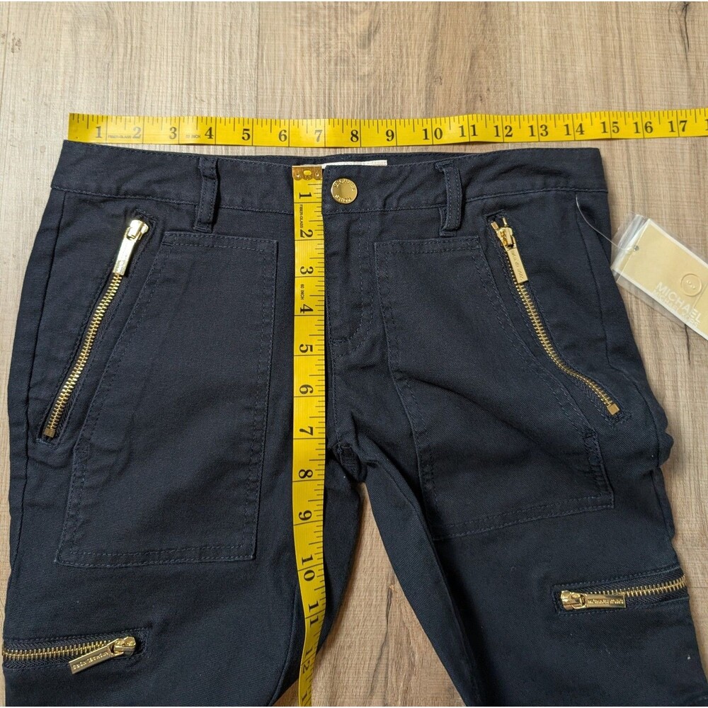 NWT Michael Kors Size 2 Moto Pants Navy Blue Gold Zippers Stretch Designer Chic - Picture 8 of 8